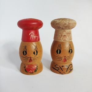 Vintage Chefs Salty & Peppy Wooden Salt and Pepper Shakers Japan 1950s